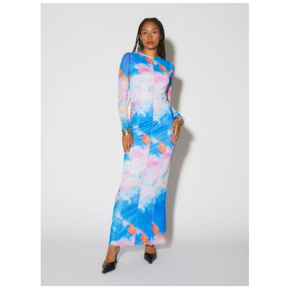 Something New Kiara Abstract Print Mesh Maxi Dress Blue Pink Long Sleeve medium